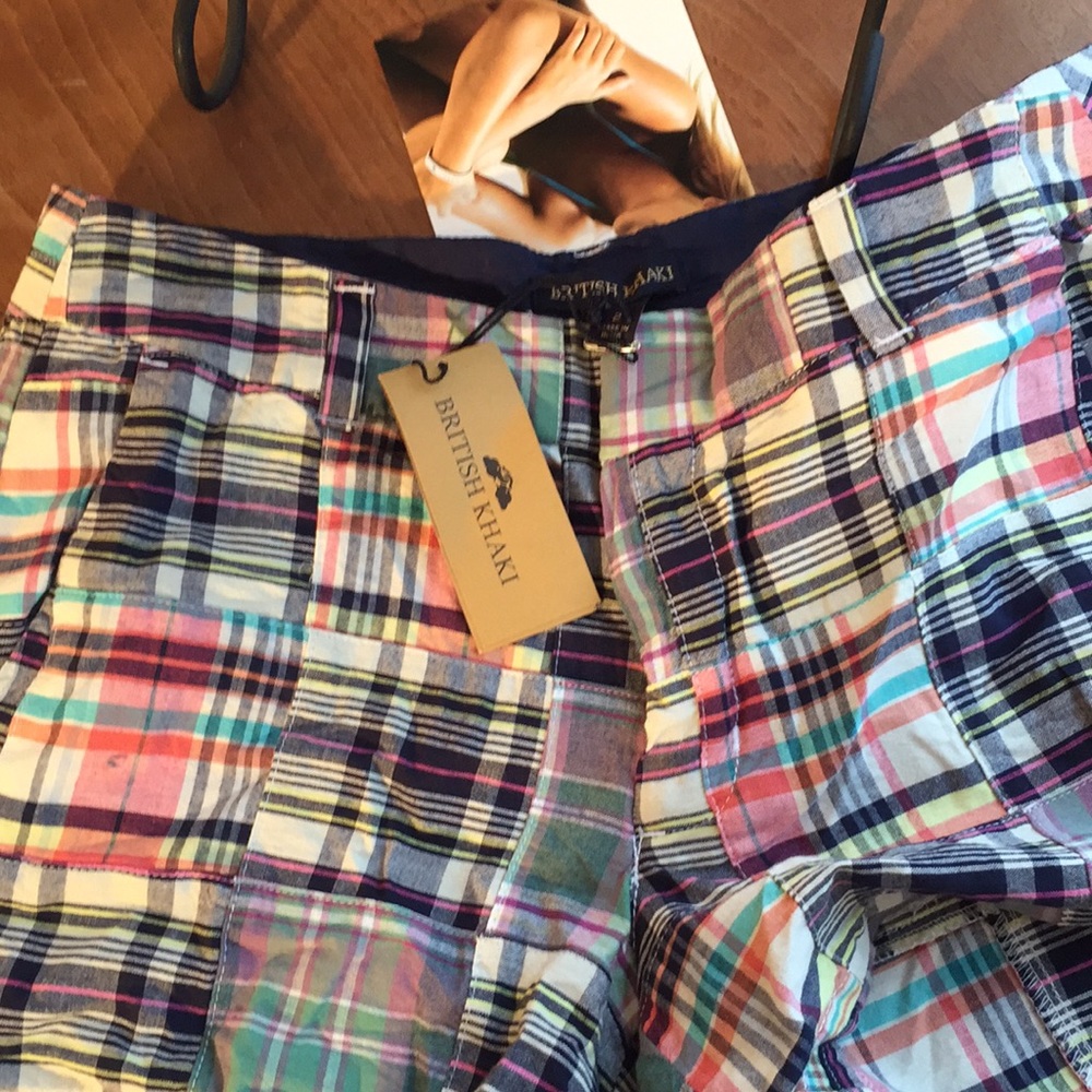 British Khaki Multicolor Plaid Patchwork Shorts - Navy, Pink, Teal